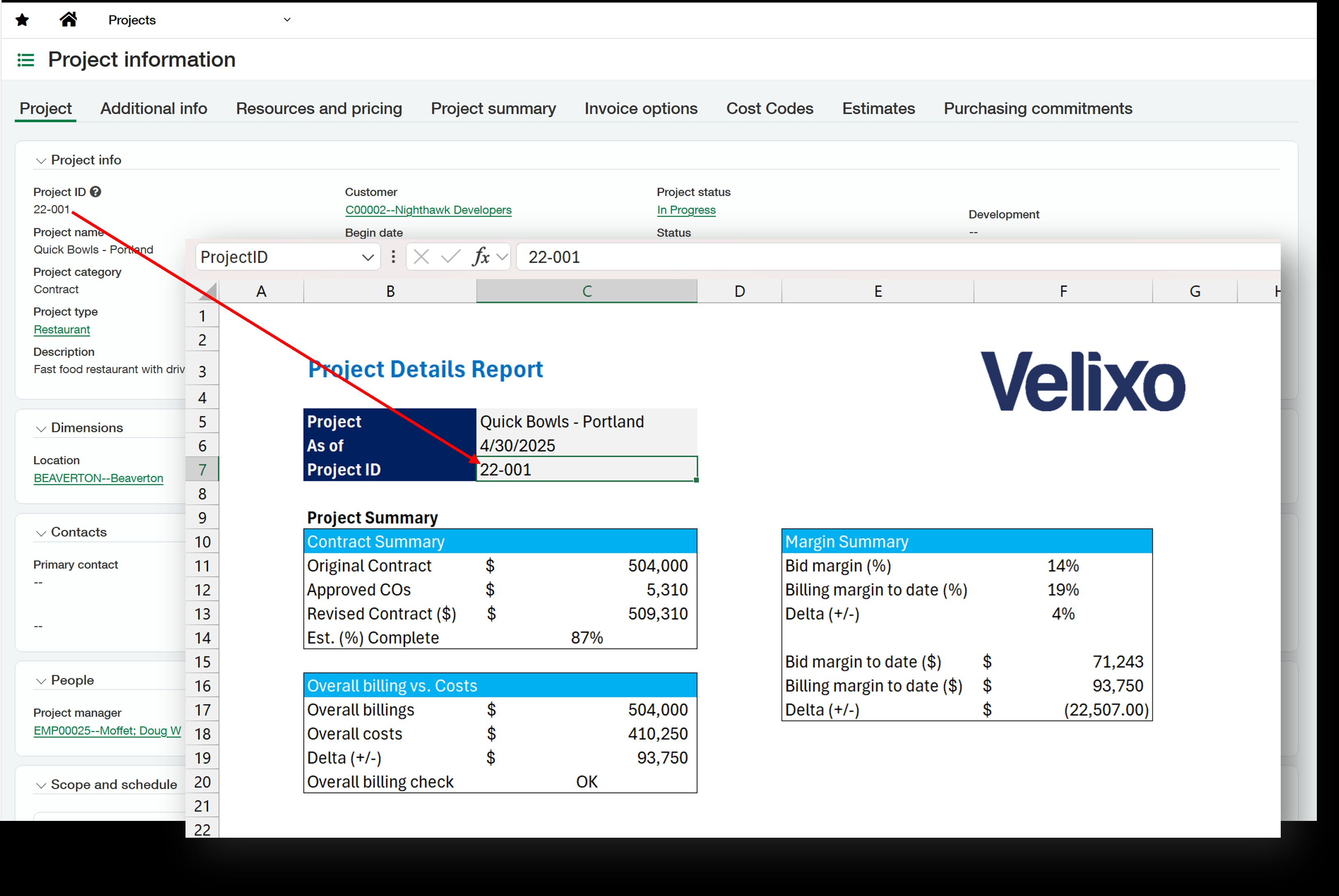 Excel workbook opened with the Job Summary Report showing project data for the selected Sage Intacct project