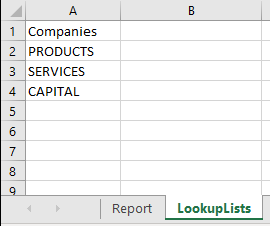 Excel worksheet listing Company names as the source data for the Company dropdown