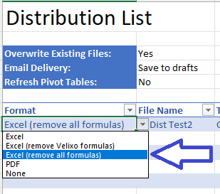 Velixo Distribution List dialog showing the Remove Formulas option