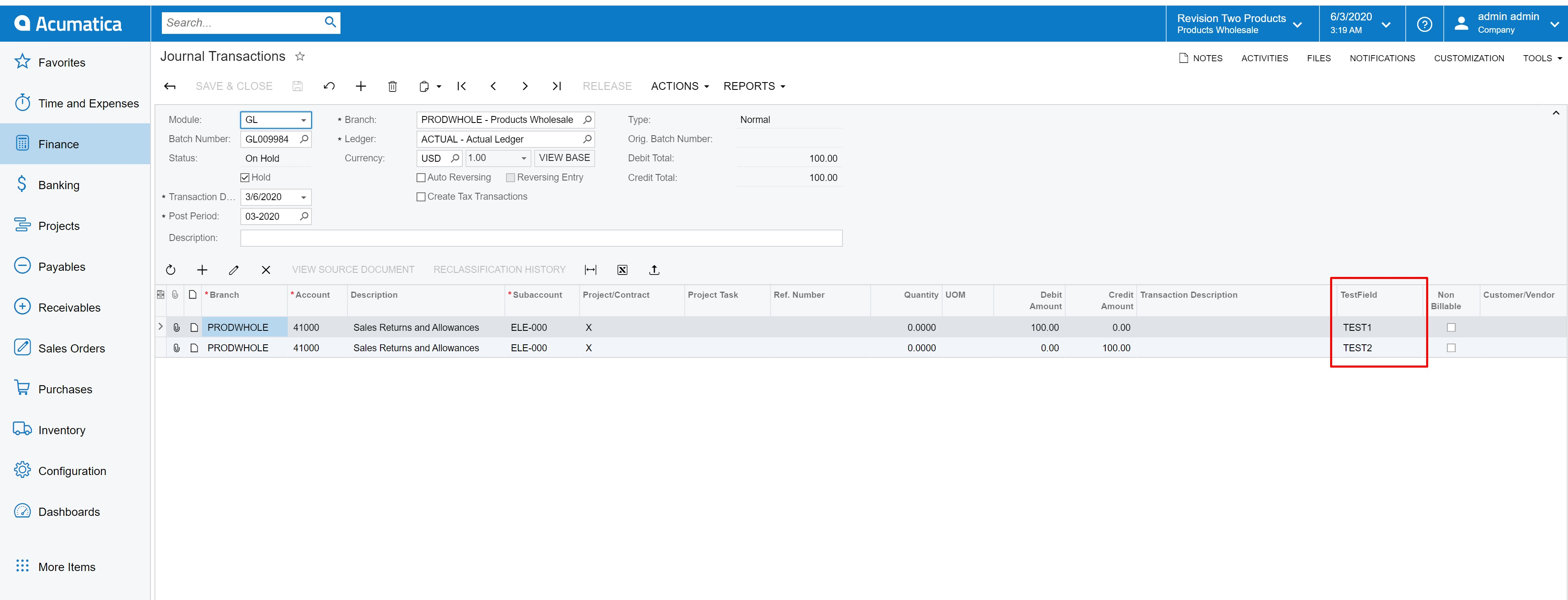 Acumatica Journal Transactions screen with the custom field populated by Velixo writeback
