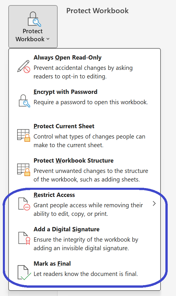 Excel Protect Workbook dropdown showing the Mark as Final and Add a Digital Signature advanced options
