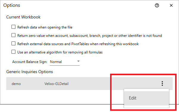 Velixo Generic Inquiry Options dialog with default caching settings for the Velixo-GLDetail inquiry