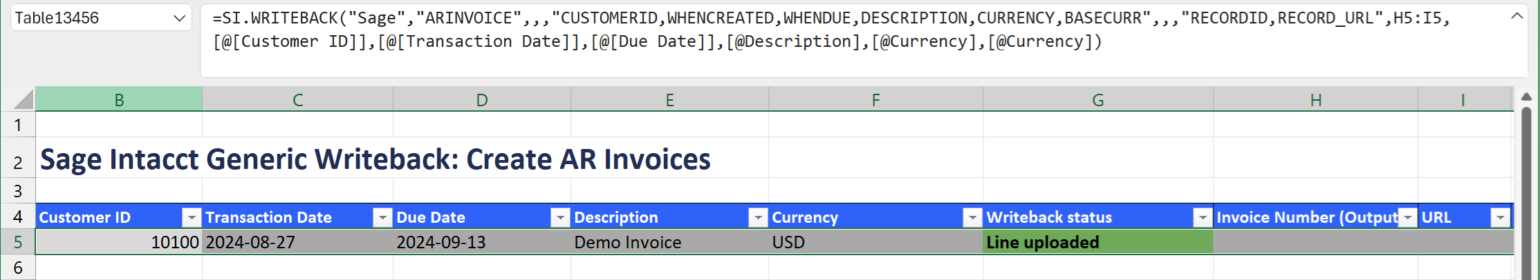 An Excel table with SI.WRITEBACK formula showing ARINVOICE header fields including customer ID, transaction date, due date, description, and currency columns