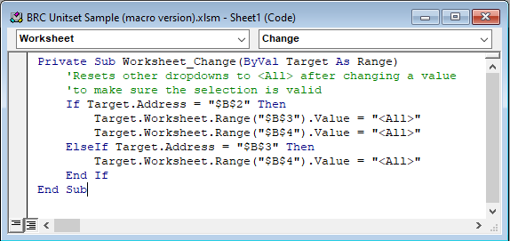 Excel Visual Basic macro that resets lower-level dropdowns when a higher-level selection changes