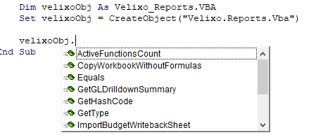 VBA editor Intellisense dropdown listing the available Velixo Reports VBA functions