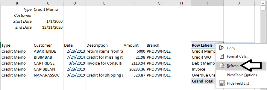 Pivot table right-click context menu showing the Refresh option to update with new GI data