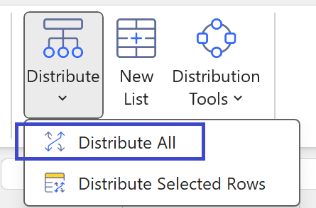 Velixo NX ribbon showing the Distribute button with Distribute All and Distribute Selected Rows options