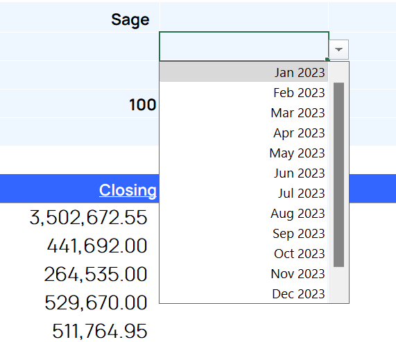 Report dropdown showing only the valid financial periods available for selection