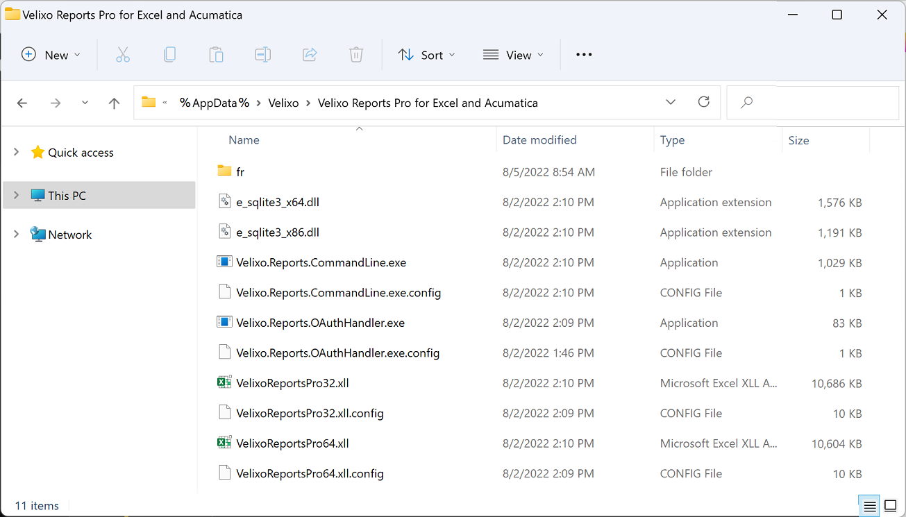 Windows File Explorer open at the AppData Velixo folder showing the Velixo Reports Pro directory structure