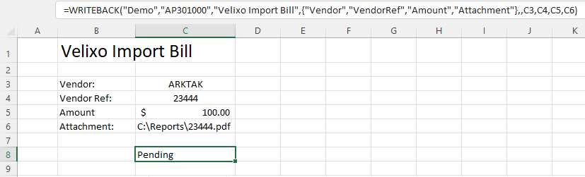A writeback worksheet with Vendor, Vendor Reference, Amount, and file attachment path fields, including the WRITEBACK function