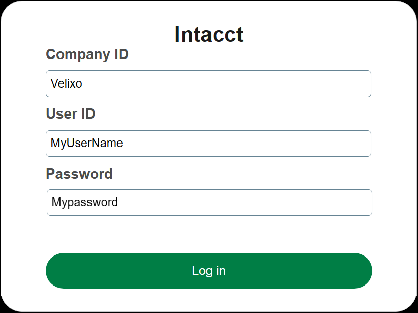 Sage Intacct login screen with Company ID, User ID, and Password filled in matching the credentials used in Velixo NX