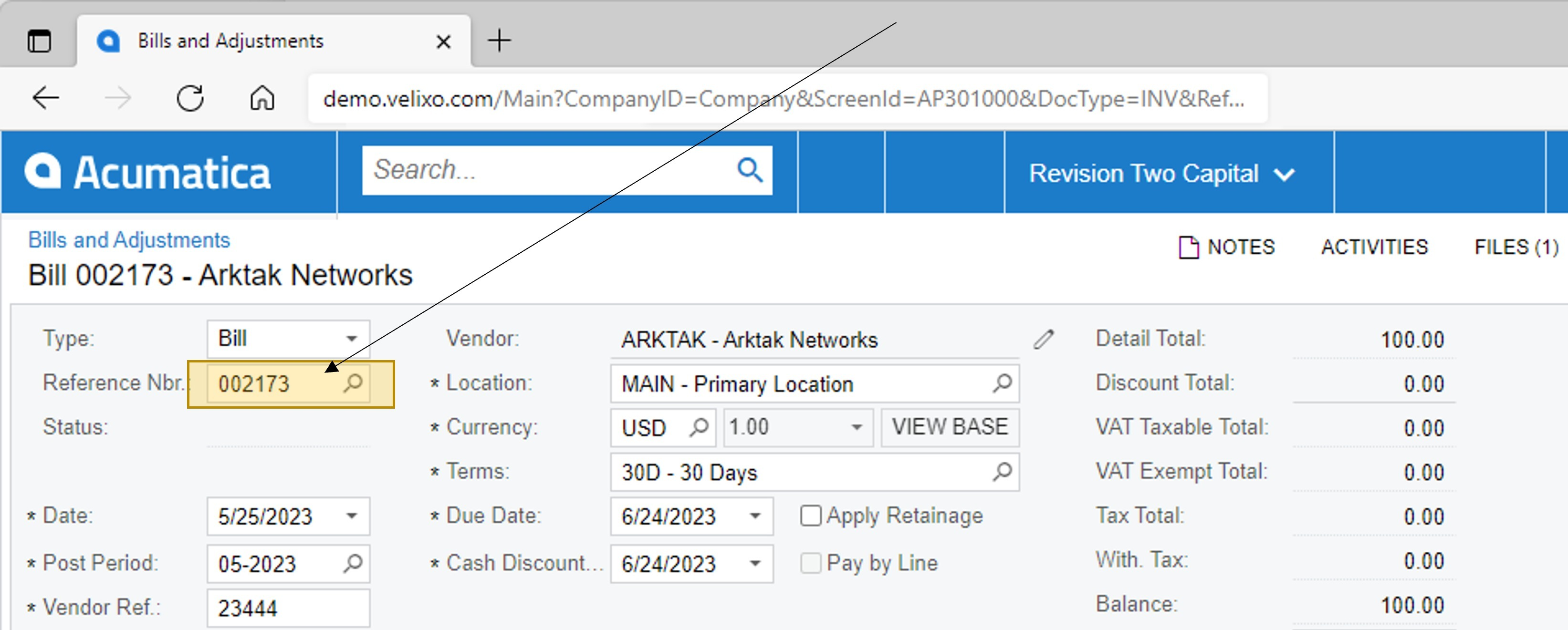 The Bills and Adjustments page in Acumatica showing the newly created transaction with Reference Nbr 002173