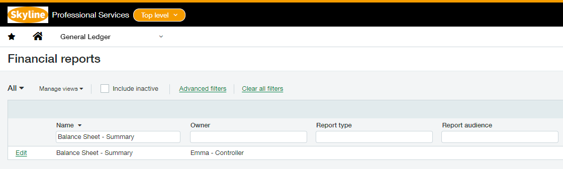 Sage Intacct Financial Reports list with the Balance Sheet Summary report
