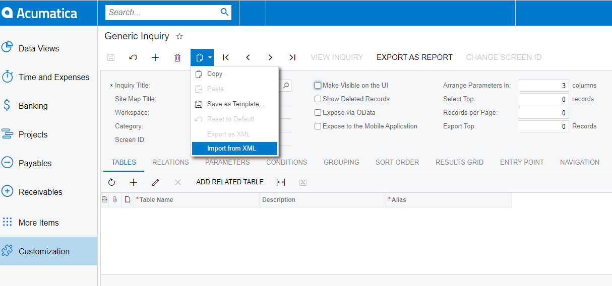 Acumatica Generic Inquiry screen with Velixo-GLDetail XML inquiry being imported
