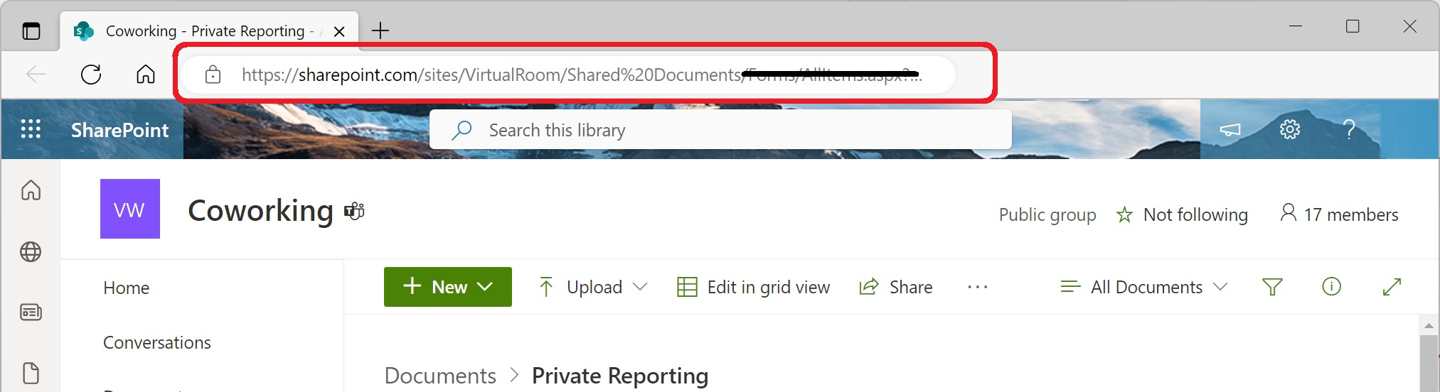SharePoint browser address bar showing the full SharePoint URL for the Teams channel folder