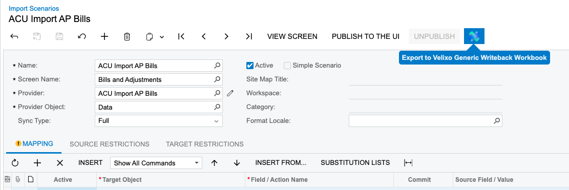 Acumatica Import Scenario screen with the Export to Velixo Workbook button (Velixo logo) highlighted in the toolbar