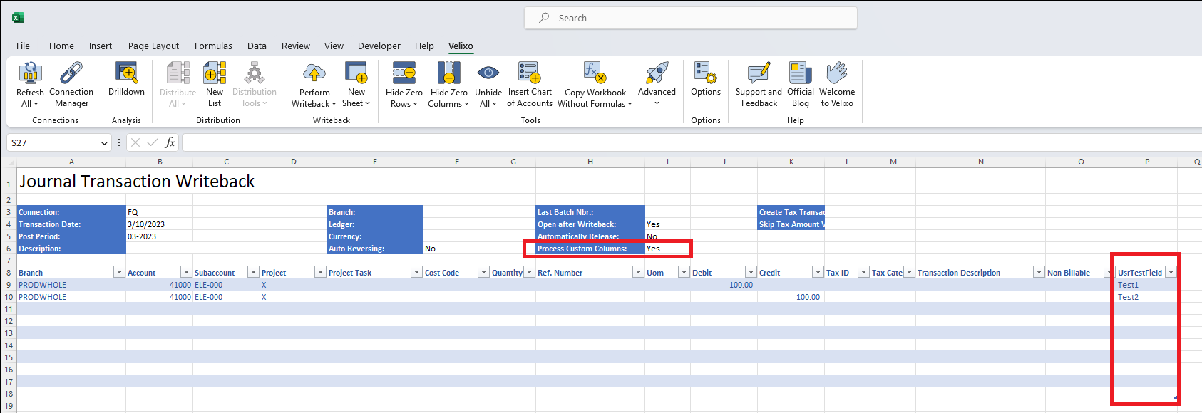 Velixo Journal Transaction template worksheet with a new column matching the internal name of the custom field, and Include Custom Columns set to Yes