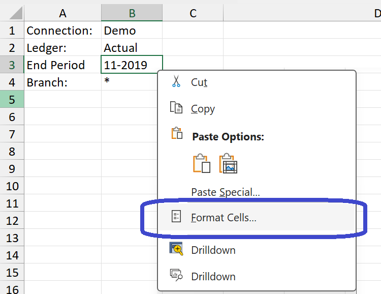 Excel right-click context menu showing the Format Cells option for an unlocked parameter cell