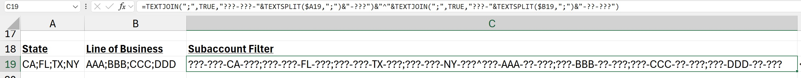 Excel worksheet using TEXTJOIN and TEXTSPLIT to build a Velixo intersection filter expression
