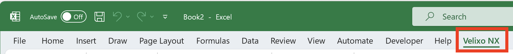 Excel ribbon showing the Velixo NX tab, indicating the NX edition is installed