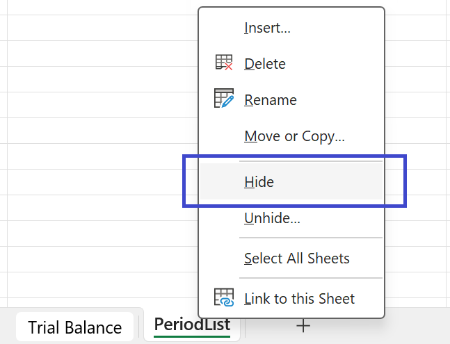 Excel right-click menu on the PeriodList worksheet tab showing the Hide option