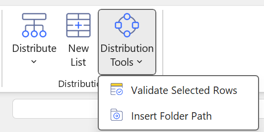 Distribution Tools button in the Velixo ribbon showing the Validate and Insert Folder Path options