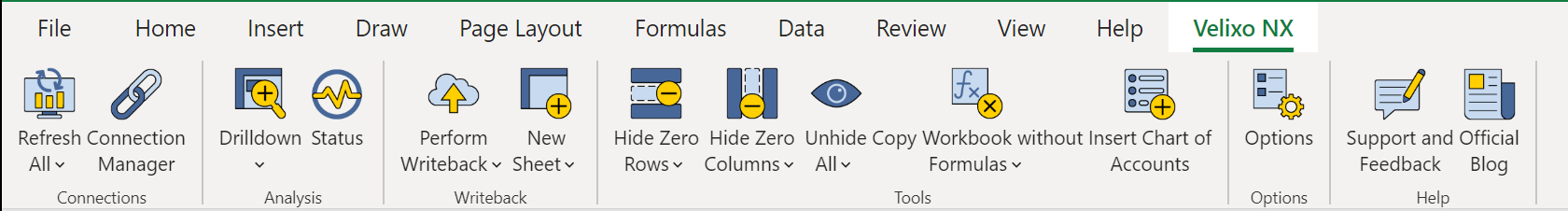 Excel ribbon showing the Velixo NX tab where the Velixo Classic tab previously appeared