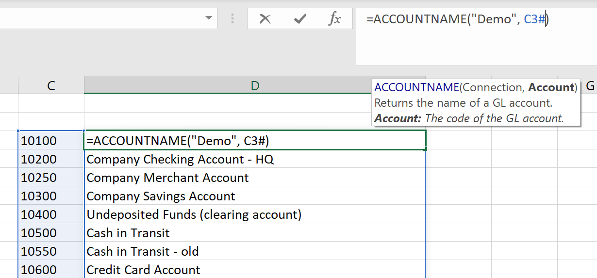 Excel worksheet with EXPANDACCOUNTRANGE in cell C3 producing a dynamic array, and ACCOUNTNAME in cell D3 referencing the entire array