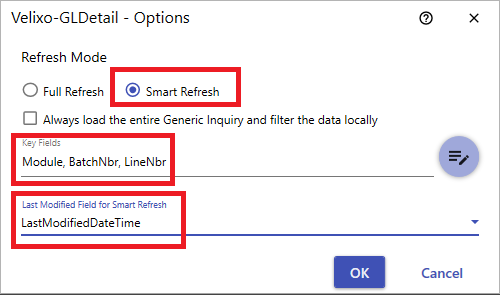 GI Options dialog with Refresh Mode set to Smart Refresh and Key Fields set to Module, BatchNbr, and LineNbr