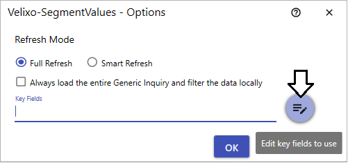 GI Options dialog showing the Key Fields configuration panel with available and selected fields