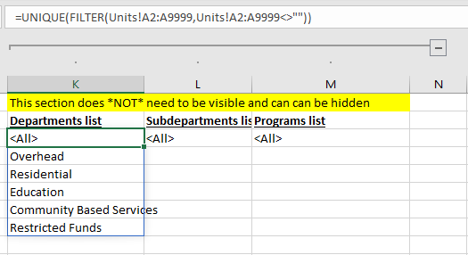 Lookup list extracting unique Department names from the Units table using Excel functions