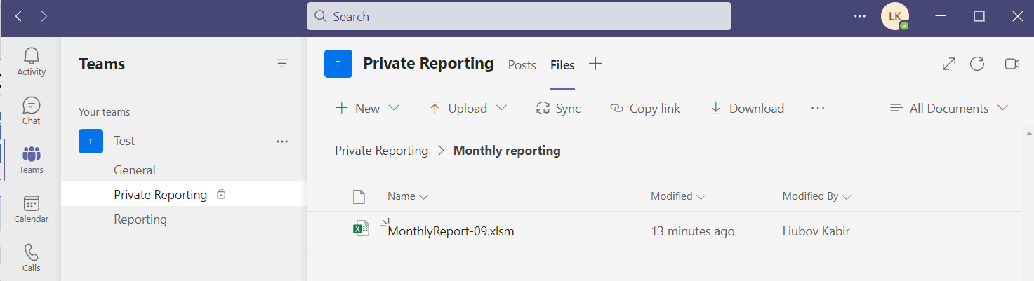 Microsoft Teams Files tab showing the distributed report file saved to the channel folder