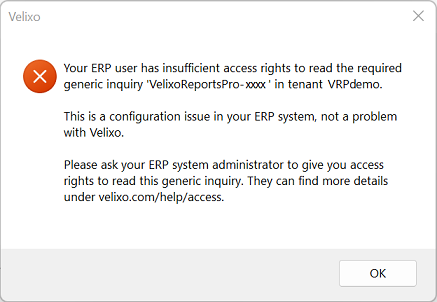 Velixo error dialog stating the ERP user has insufficient access rights to read the required generic inquiry