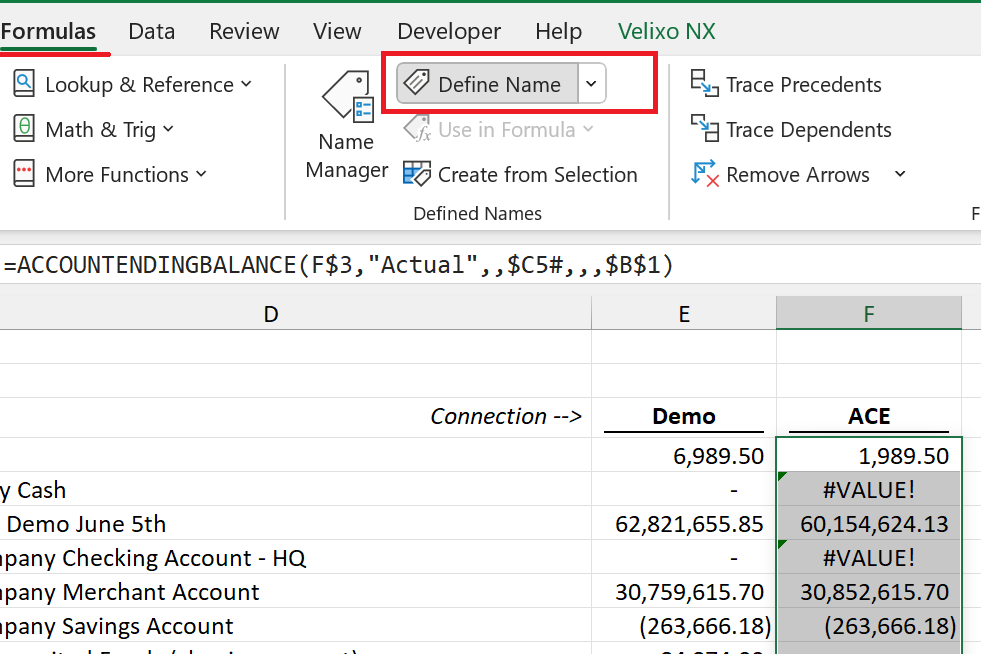 Excel Formulas ribbon with the Define Name option highlighted