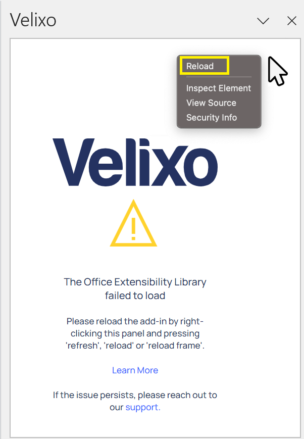 Velixo NX side panel right-click context menu showing the Reload Frame option on Mac
