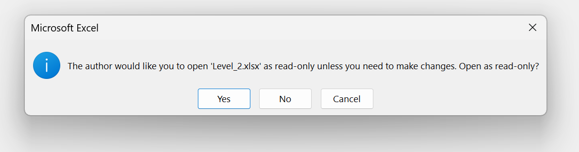Excel dialog asking whether to open the workbook in read-only mode