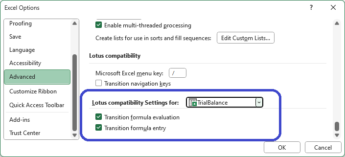 Excel Advanced Options dialog with the Lotus compatibility section visible and the Transition navigation keys checkbox checked