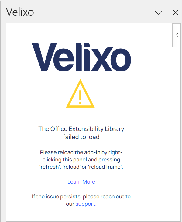 Velixo NX side panel showing the Office Extensibility Library failed to load error message