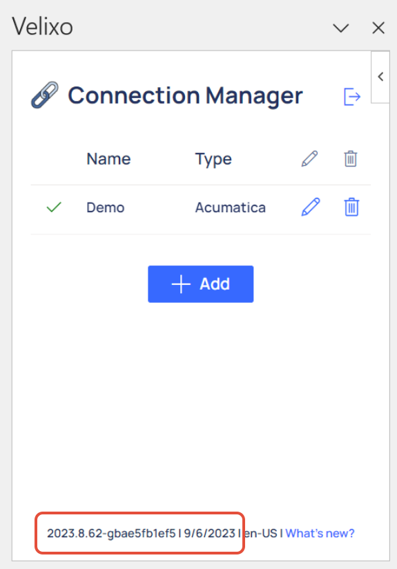 Velixo NX Connection Manager side panel showing the version number at the bottom