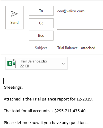 Outlook email preview showing the distributed report body text and attached file
