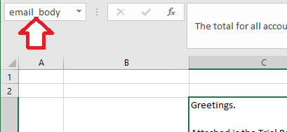 Excel Name Box showing a named range assigned to the cell containing the email body text