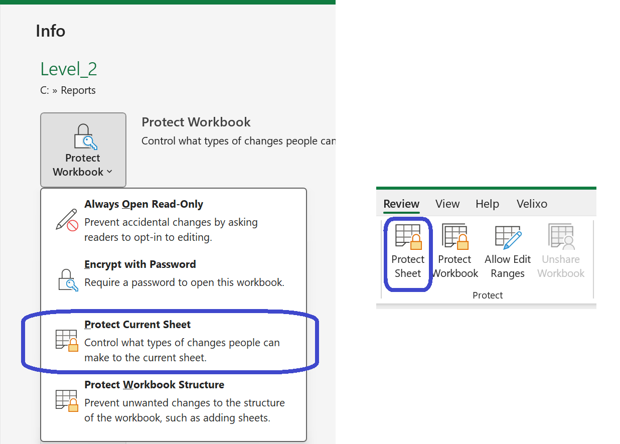 Excel Protect Workbook dropdown and Review ribbon both showing the Protect Current Sheet option