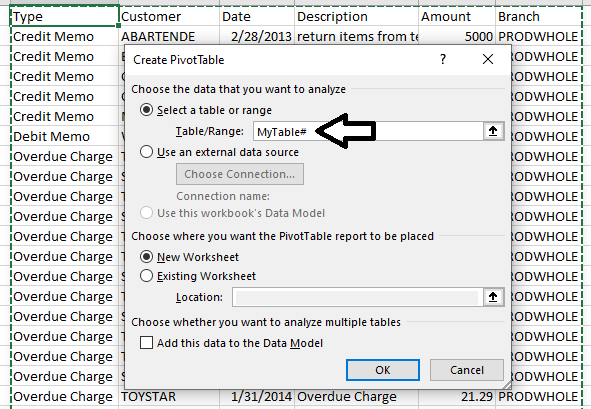 Create PivotTable dialog with the named GI range and hash sign entered in the Table Range field
