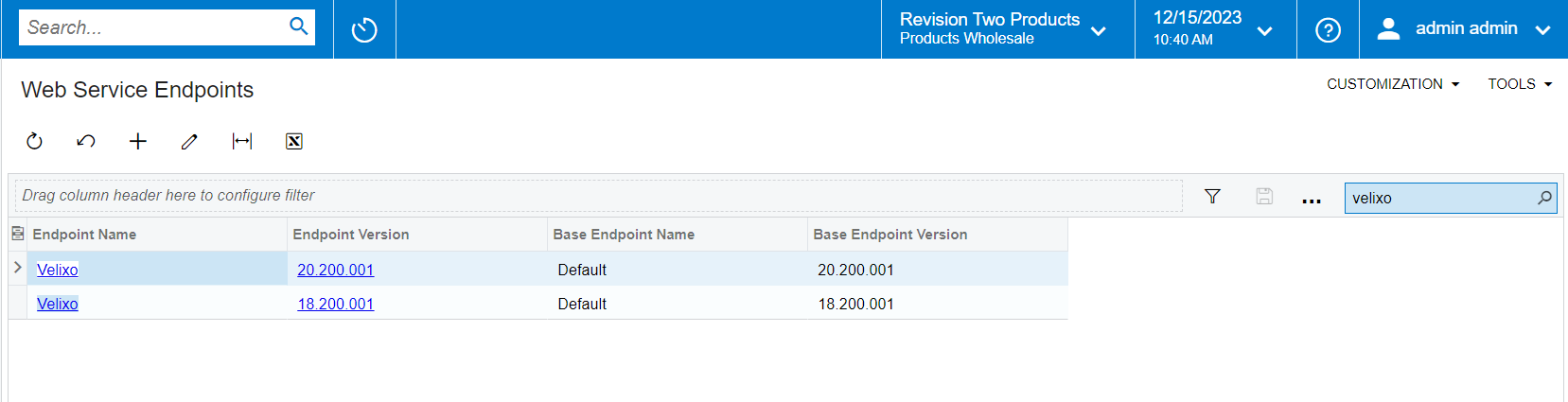Acumatica Web Service Endpoints screen SM2070PL showing the two Velixo endpoints after publishing the customization