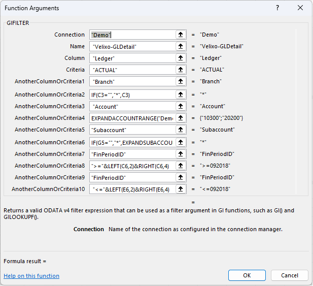 GIFILTER function dialog with Connection, Inquiry, Ledger, Branch, Account, Subaccount, and Period arguments
