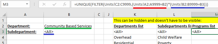 Excel formula returning Programs matching the selected Department and Sub-department