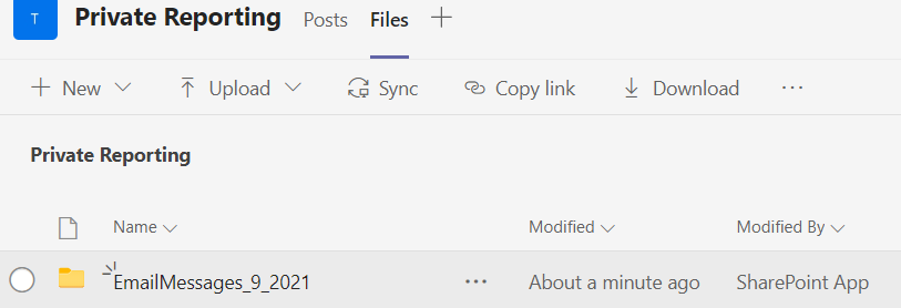 Microsoft Teams Files tab showing the distributed report stored in the EmailMessages folder
