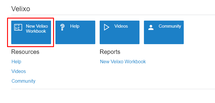 Velixo workspace in Acumatica showing the New Velixo Workbook button