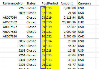 Excel worksheet after applying Text format and Remove All Formulas, with financial period leading zeros correctly retained