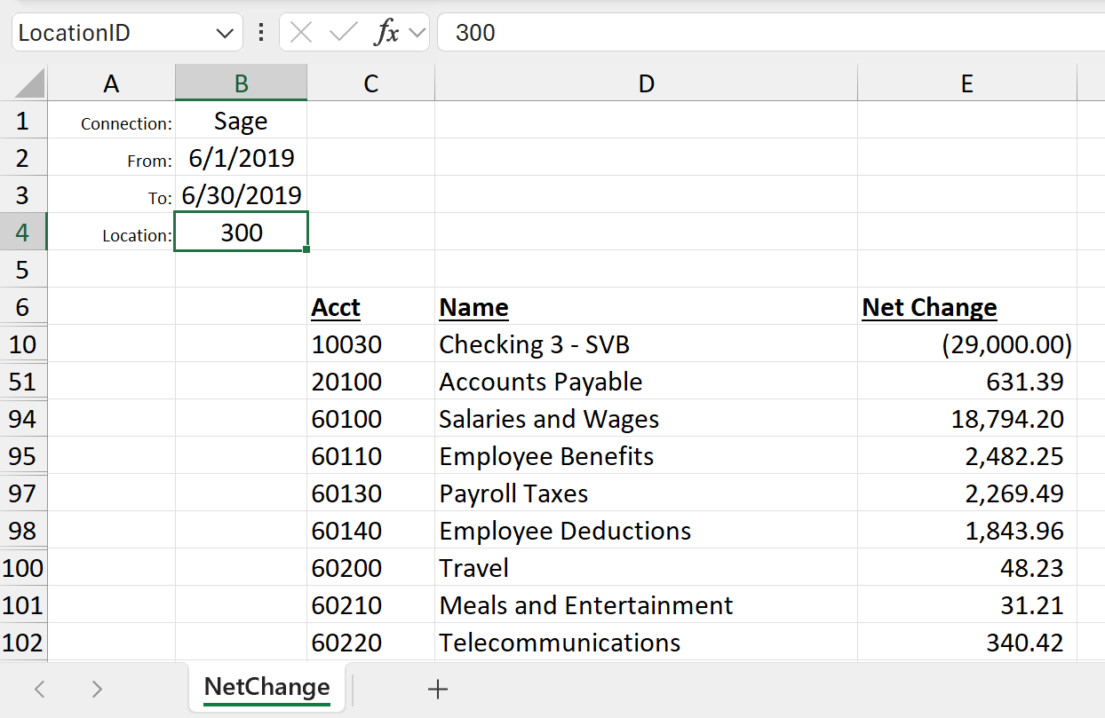 Velixo report on the NetChange worksheet displaying financial data that updates based on the Location ID value in cell B4